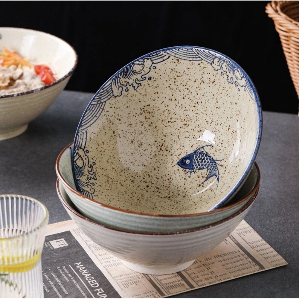 8-inch Ceramic Ramen Bowl with Fish Design, Japanese Style Soup Ramen Noodle...